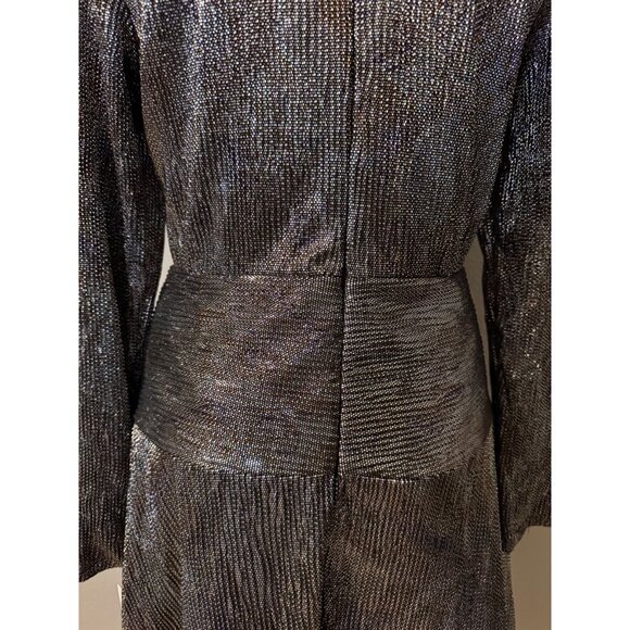 Aidan Mattox Cocktail Party Dress 14 Black Gold Silver Foil Long Sleeve NEW $220 - Picture 6 of 12